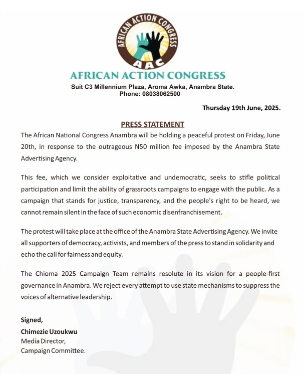 AAC Anambra Slams N50m Campaign Fee, Set to Protest Against 